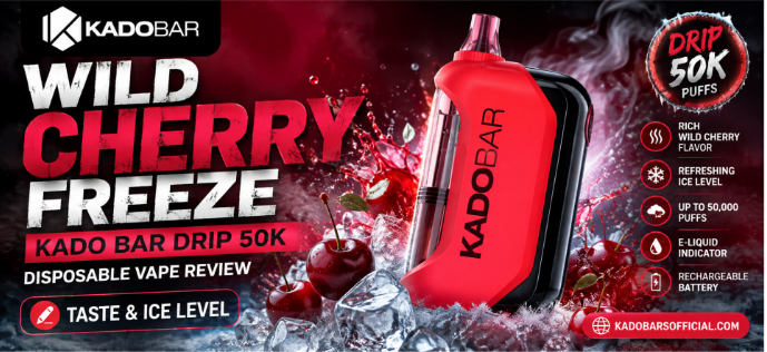 Wild Cherry Freeze Kado Bar Drip 50K disposable vape review featuring a red and black device with wild cherry flavor and icy effects.